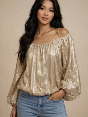 Cache Metallic Off-Shoulder Balloon Sleeve Top in Gold NWT
